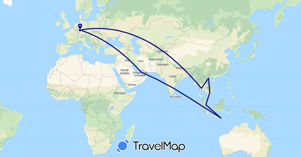 TravelMap itinerary: driving in United Arab Emirates, Germany, Indonesia, Singapore, Thailand, Vietnam (Asia, Europe)