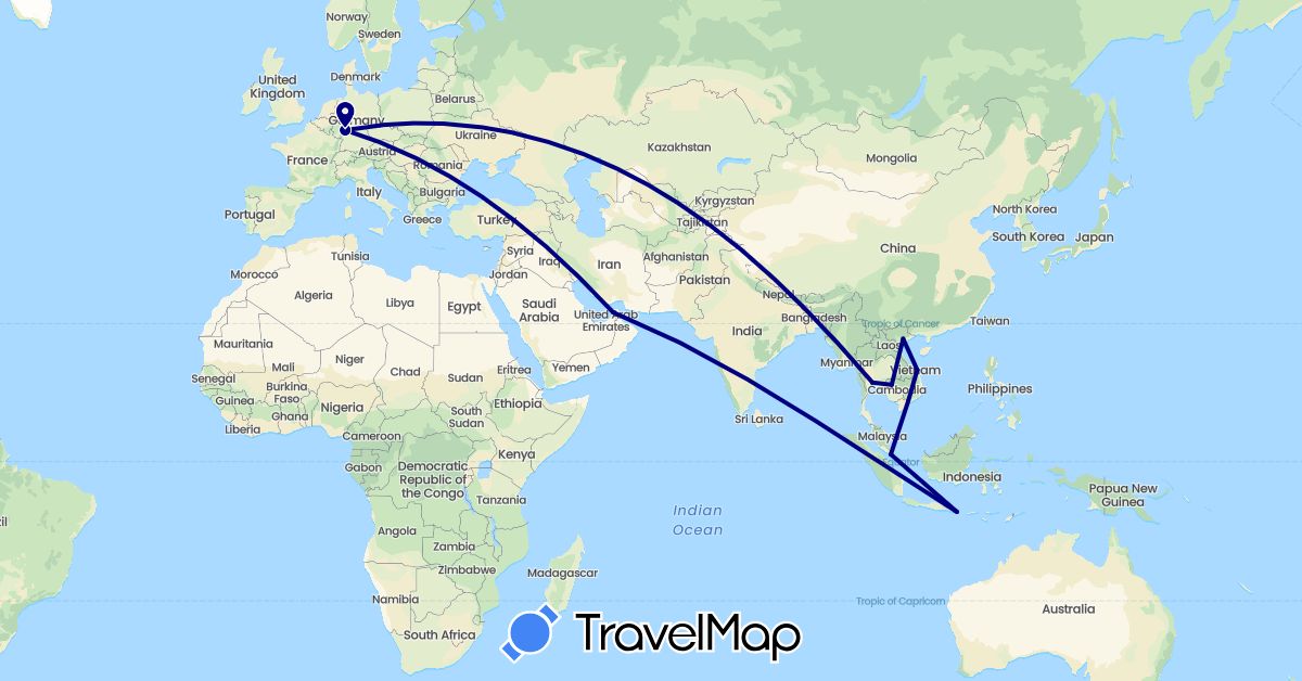 TravelMap itinerary: driving in United Arab Emirates, Germany, Indonesia, Cambodia, Singapore, Thailand, Vietnam (Asia, Europe)